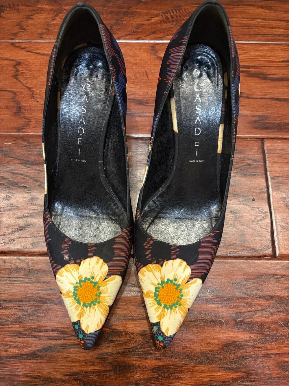 Casadei Navy Floral Pointed-Toe Pumps with Yellow Accents